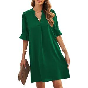Womens Green 100%Polyester V-Neck Loose Fit Short Sleeve Knee Length Shift Dress
